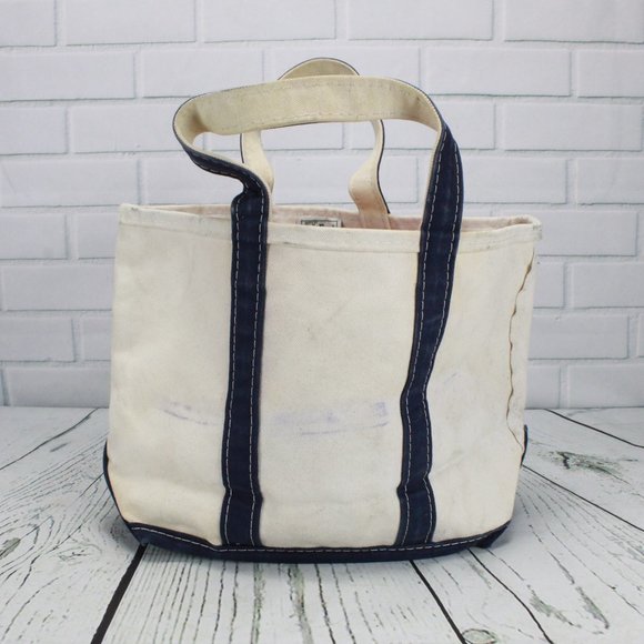 LL Bean Cream Navy Women's Cotton Canvas Hand Bag - Picture 3 of 8